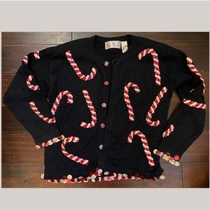 VTG Holiday Sweater beaded candy canes gaudy ugly Christmas party SHOULDER PADS